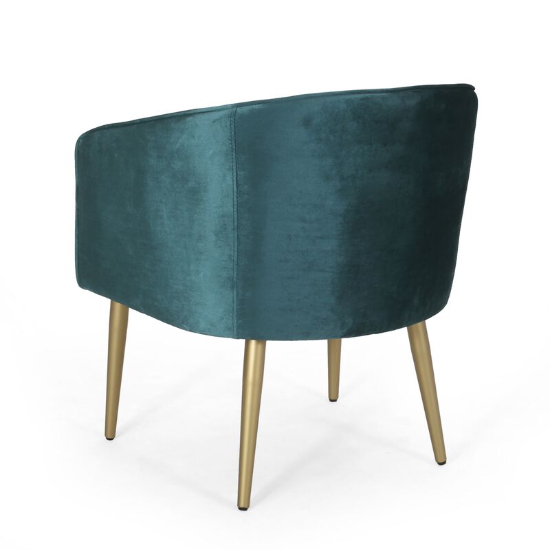 Accent Dining Chair, Gold Iron Legs, Curved, Tufted Aqua Green Velvet - Benzara