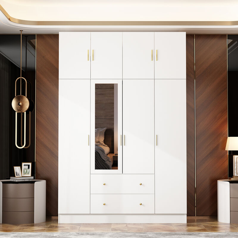 FUFU&GAGA Four-Door Wardrobe with Mirror, Top Cabinet, and Drawers (63" W x 19.7" D x 94.5" H),White