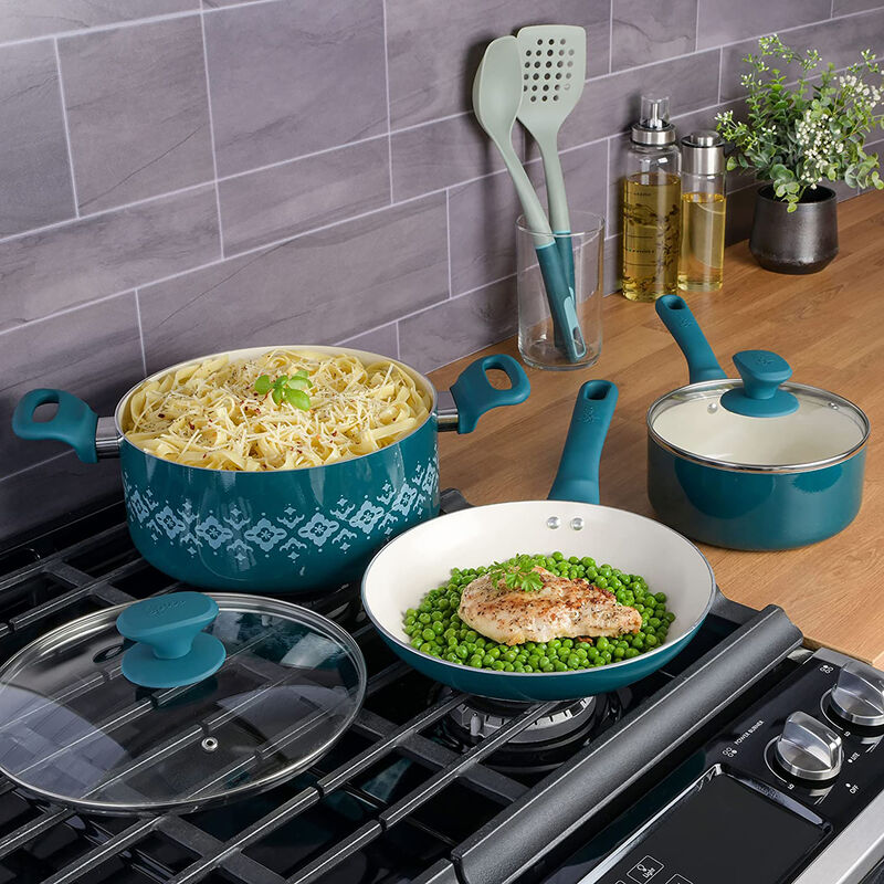 Spice by Tia Mowry Savory Saffron 7 Piece Ceramic Nonstick Aluminum Cookware Set with Nylon Utensils in Teal