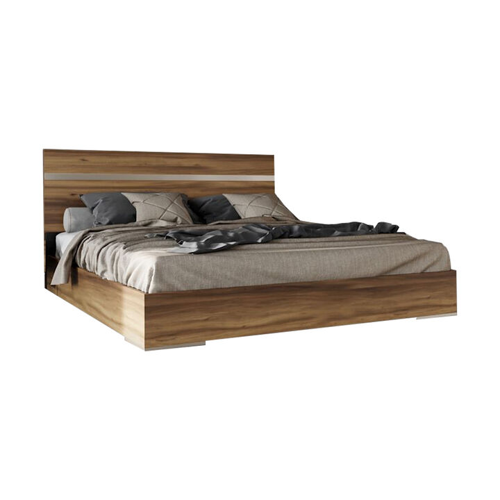 Noe In King Size Bed, Steel Accent Panel Headboard, Light Brown Wood - Benzara