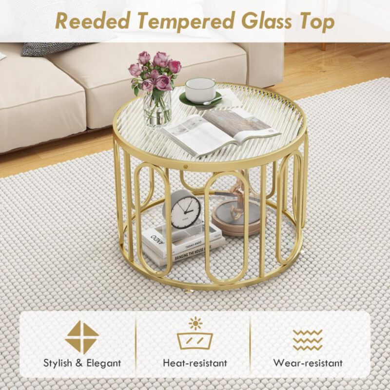 Hivvago 24 Inch Round Coffee Table with Reeded Tempered Glass Top and Oval Swivel Brackets