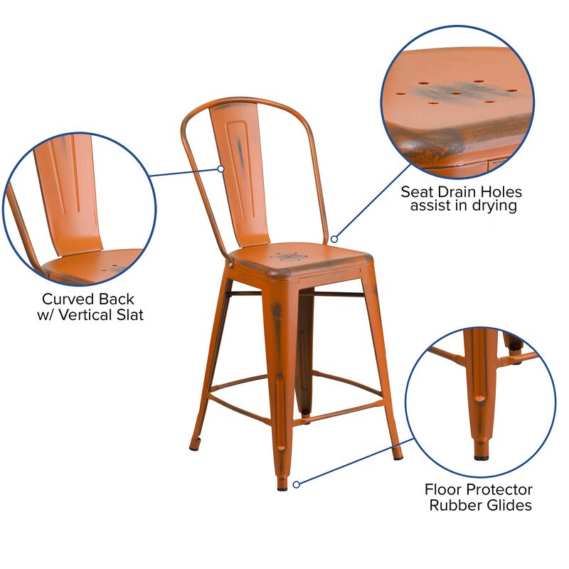 Flash Furniture Carly Commercial Grade 24" High Distressed Orange Metal Indoor-Outdoor Counter Height Stool with Back