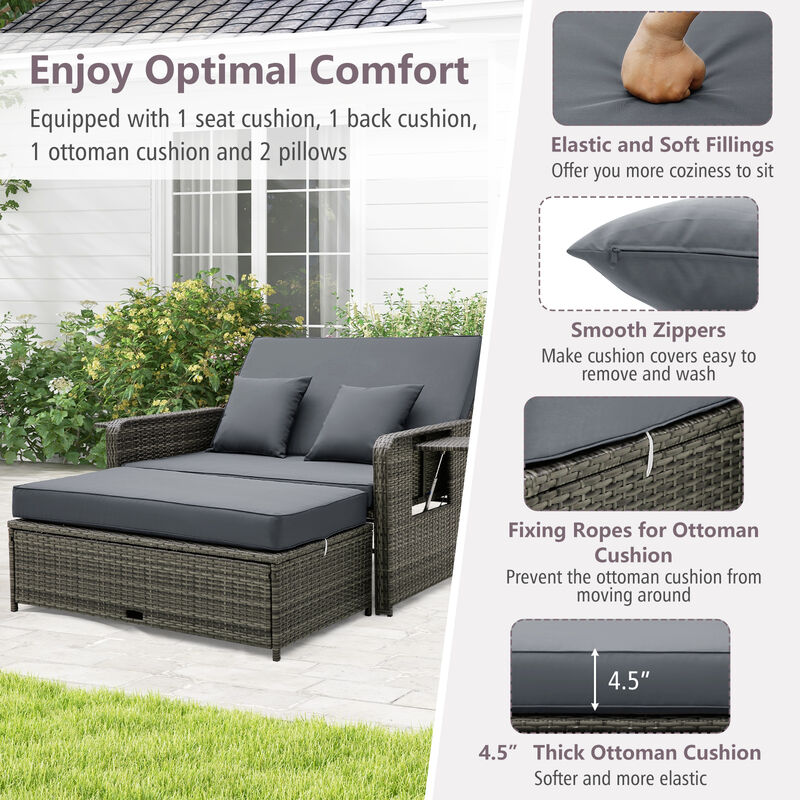 Wicker Loveseat Sofa with Multipurpose Ottoman and Retractable Side Tray-Gray