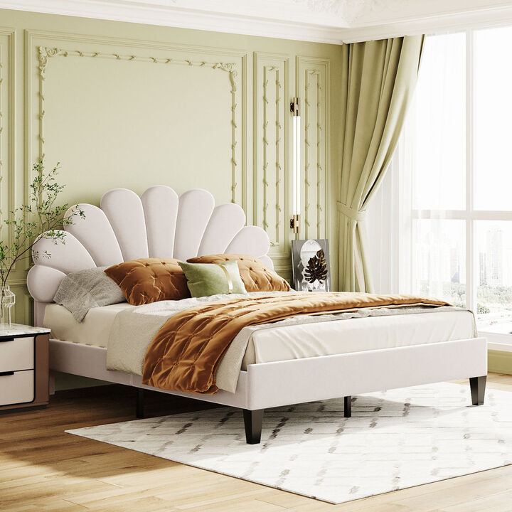 Queen Size Upholstered Platform Bed With Flower Pattern Velvet Headboard