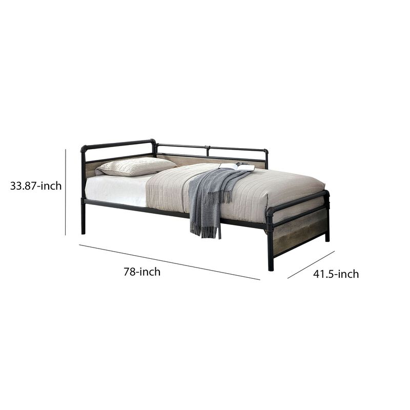 Industrial Pipe Design Metal Daybed with Wooden Panels, Black-Benzara