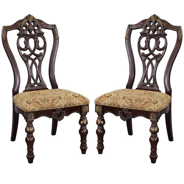 Fabric Upholstered Wooden Side Chair With Intricate Back, Set of 2 , Cherry Brown-Benzara