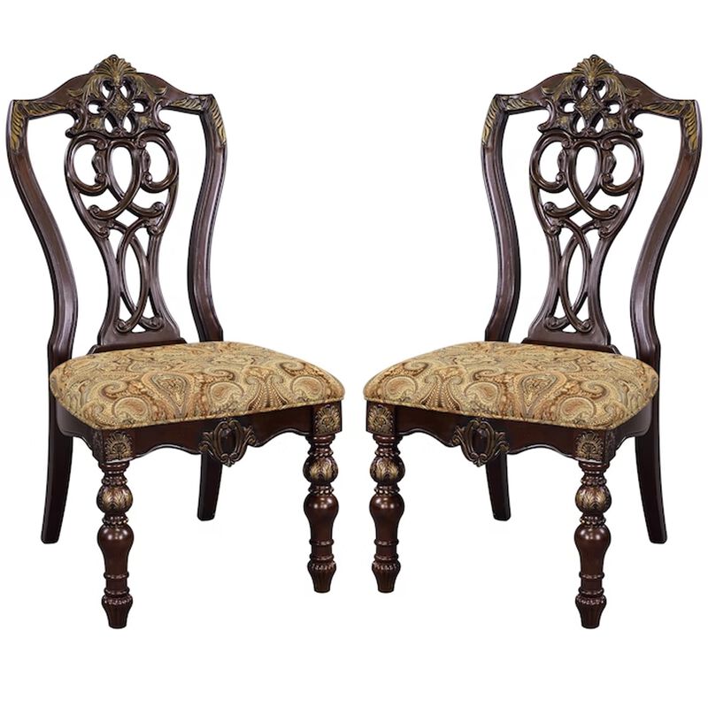 Fabric Upholstered Wooden Side Chair With Intricate Back, Set of 2 , Cherry Brown-Benzara