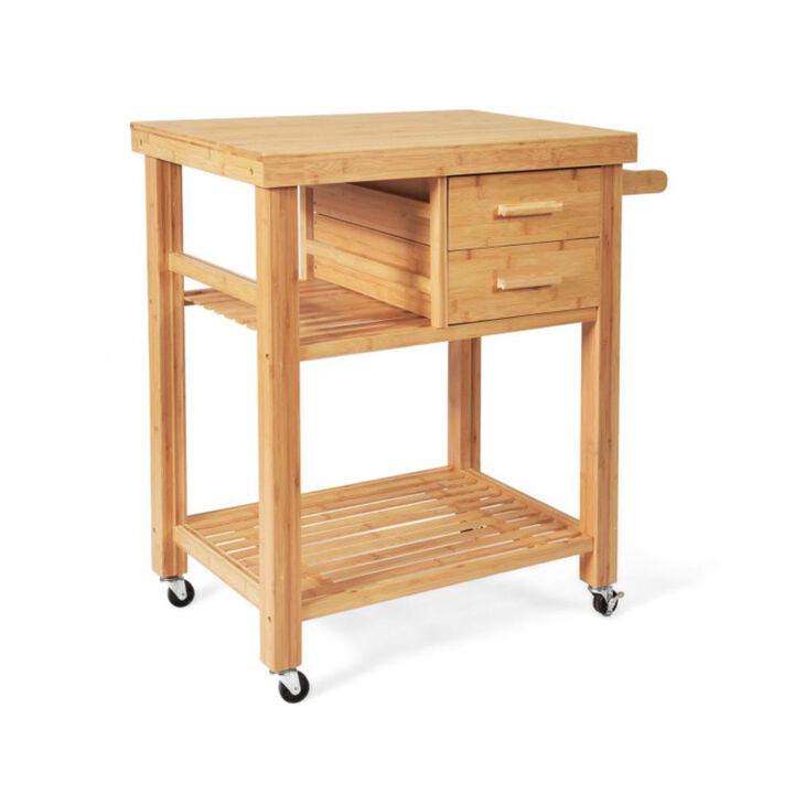 Hivvago Bamboo Kitchen Trolley Cart with Tower Rack and Drawers