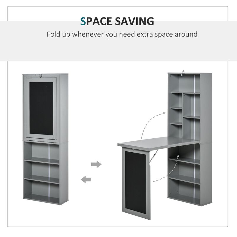 Gray Space-Saving Desk: Wall-Mounted Folding Table with Shelf