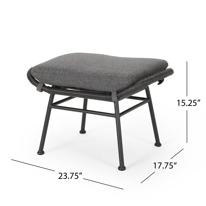 Margo Outdoor Ottoman Set of 2, 24 Inch Black Iron, Gray Cushion -Benzara
