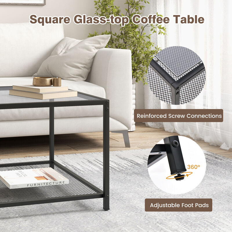 Modern 2-Tier Square Glass Coffee Table with Mesh Shelf