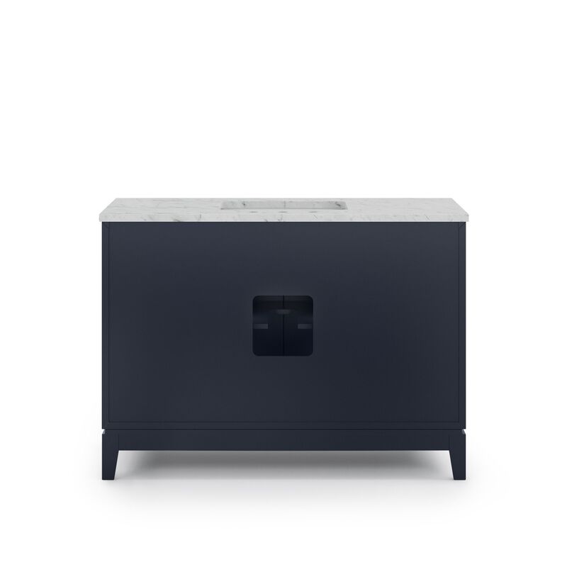 Elizabeth 48 In. Single Sink Carrara White Marble Countertop Bath Vanity In Monarch Blue with Satin Gold Hardware