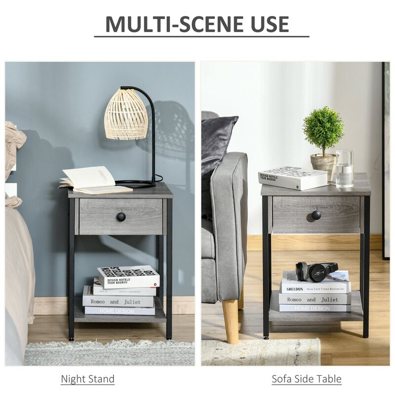 Grey Industrial Table: End Table with Drawer and Storage Shelf