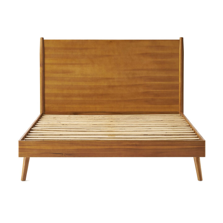 Ozzy California King Bed with Panel Design, Natural Brown Acacia Wood - Benzara
