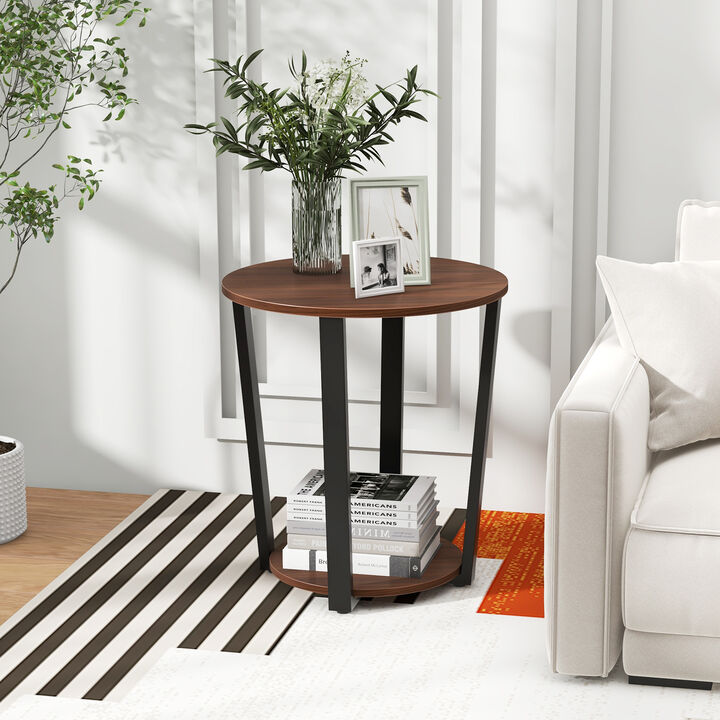 Round End Table with Open Shelf and Metal Frame for Living Room or Bedroom Storage