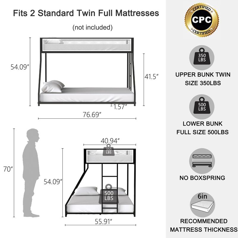 Twin Over Full Bunk Metal Bed Frame with Mesh Guard Rail, Removable Ladder, Noise-Reducing EVA Pad for Kids Bedrooms, Black