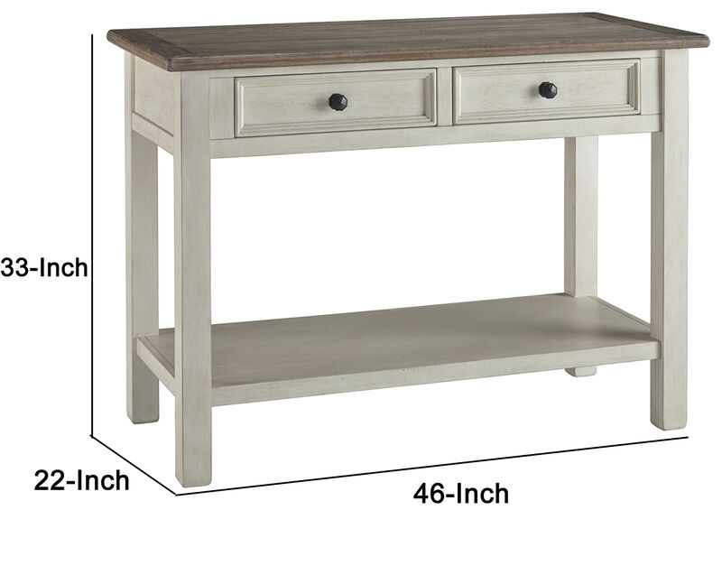 Sofa Table With Plank Style Top and 2 Gliding Drawers, Brown and White - Benzara