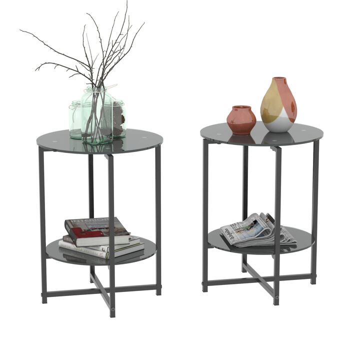 2-Piece Set (Black) Tempered Glass End Table, Round Coffee Table For Bedroom Living Room Office