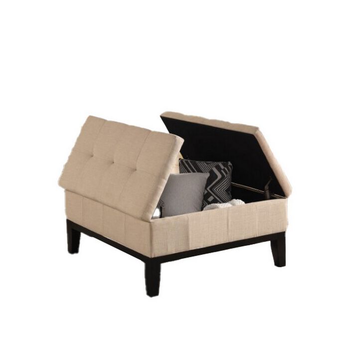 Orin 36 Inch Ottoman, Split Storage Lid, Tufted Beige Upholstery, Wood - Benzara