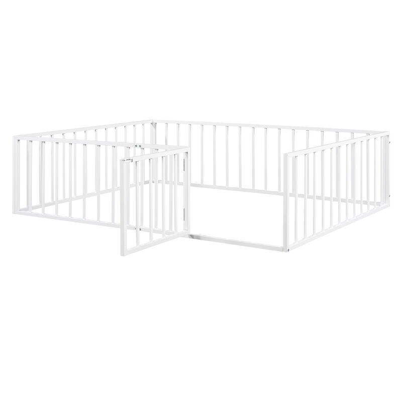 Streamdale Queen Size Metal Floor Bed Frame With Fence And Door, White