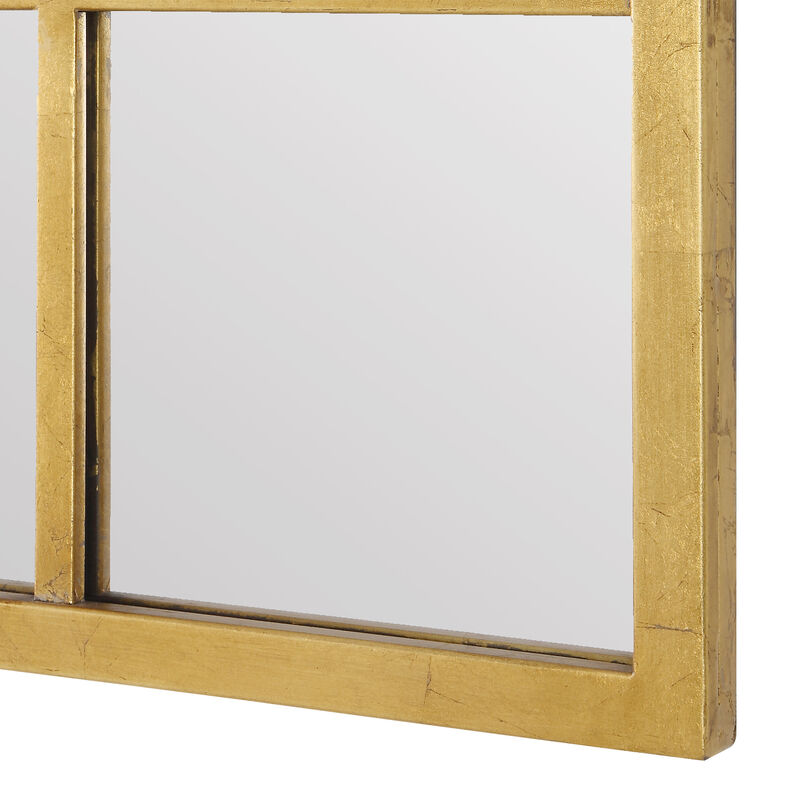 44 Inch Wood Wall Mirror, Arched Windowpane Shape, Antique Gold-Benzara