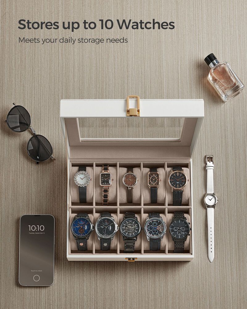 10-Slot Box with Glass Lid Jewelry Holder Case with Removable Pillow