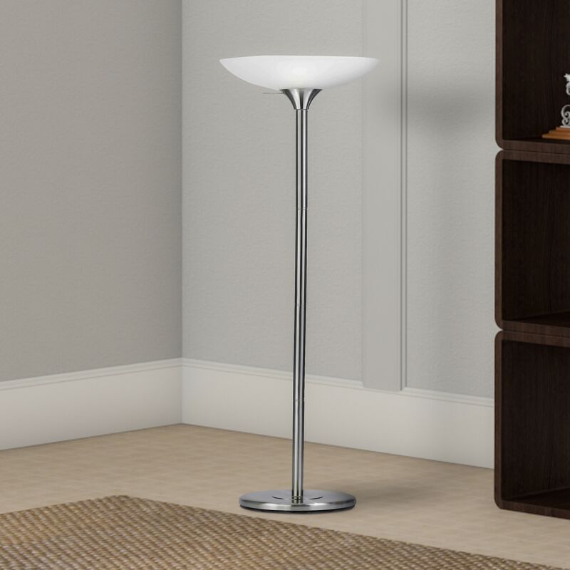 3 Way Torchiere Floor Lamp with Frosted Glass shade and Stable Base, White-Benzara