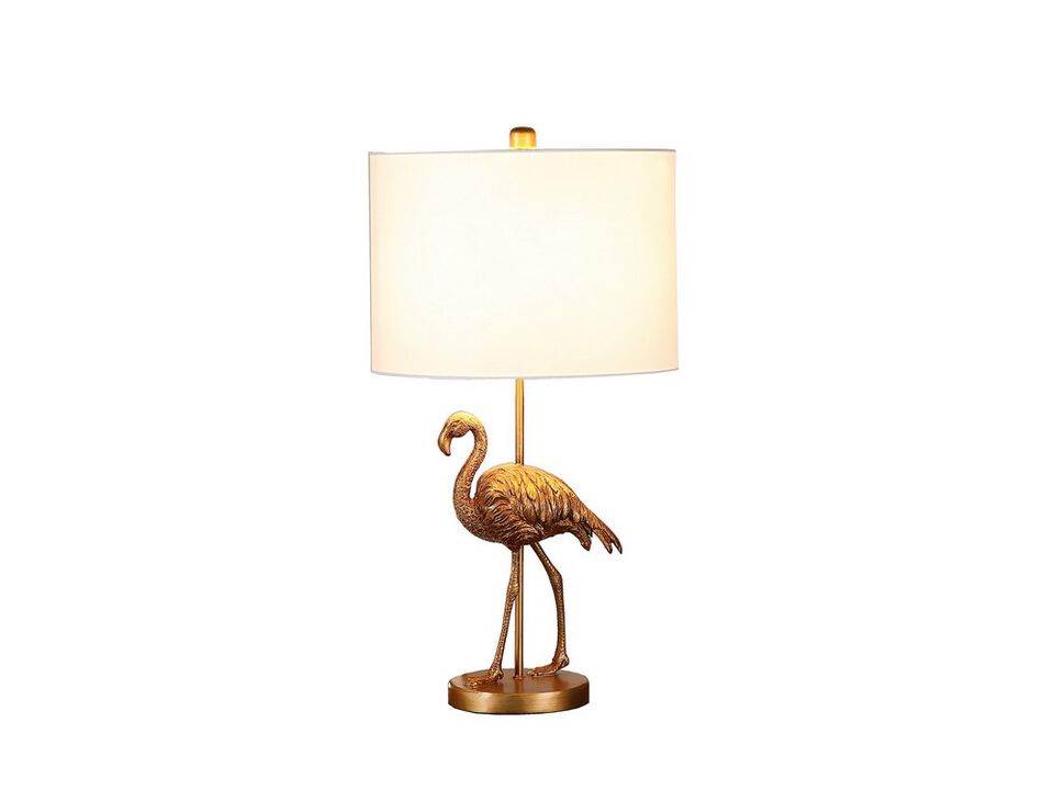 Polyresin Standing Flamingo Design Table Lamp with Round Base, Gold - Benzara