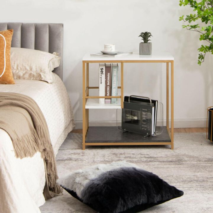 Hivvago 3-Tier Multi-function Marble End Table with Storage Shelf