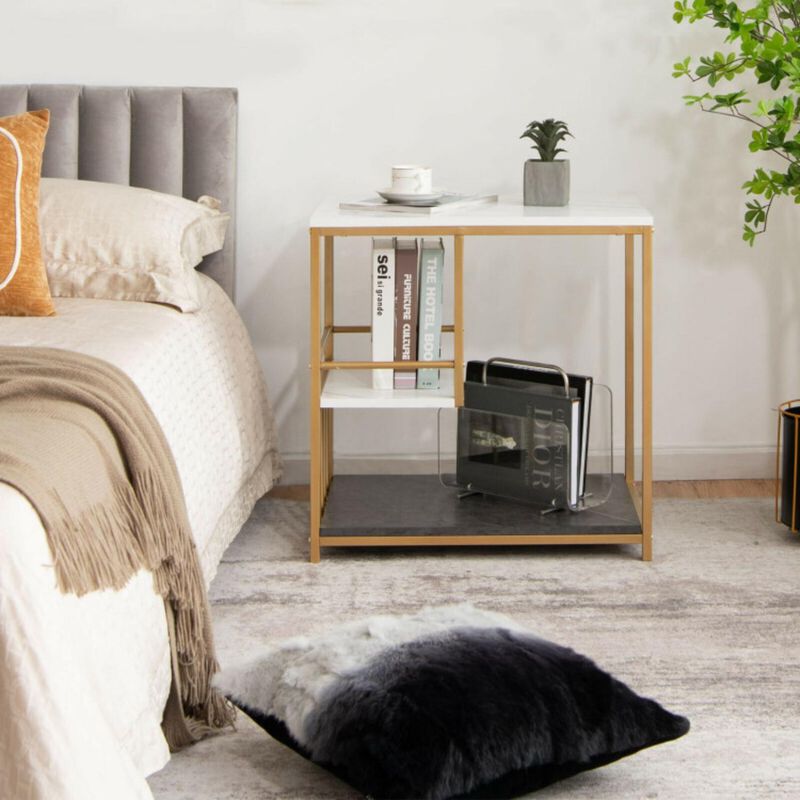 Hivvago 3-Tier Multi-function Marble End Table with Storage Shelf