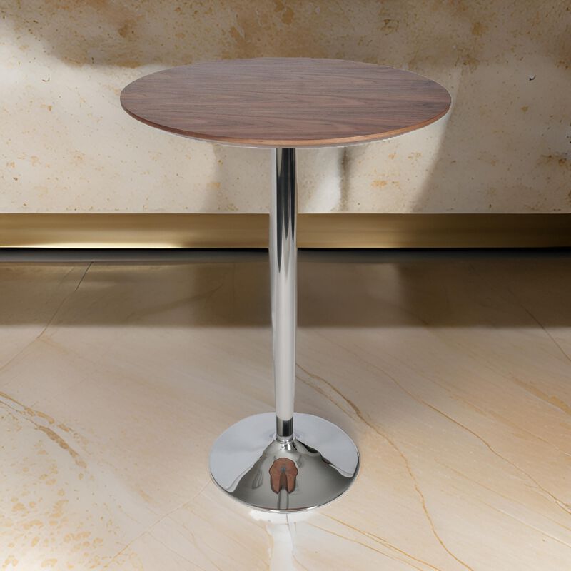 42 Inch High Bar Table, Walnut Brown Round Top, Modern Metal Pedestal Base - Benzara