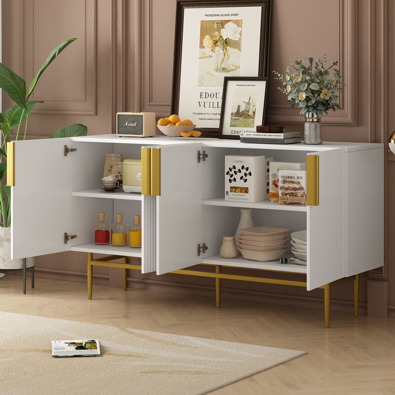 60" Modern Elegant 4-door Sideboard,Gold Metal Handle Storage Cabinet, White