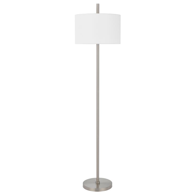 Ano Floor Lamp, Slim Frame, White Drum Shade, Chrome Metal 67 Inch - Benzara