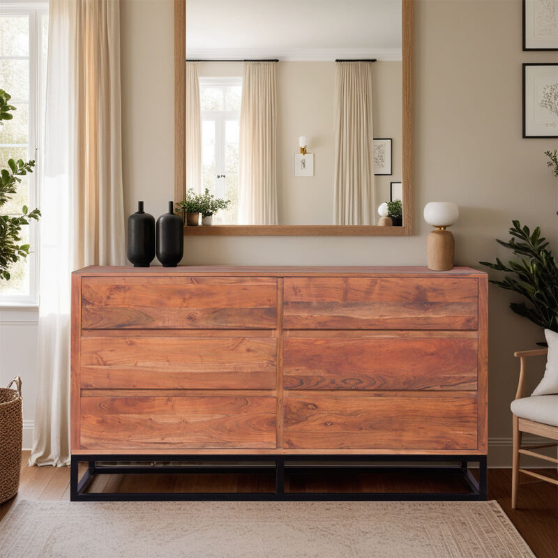 Modern Acacia Wood Dresser or Display Unit With Metal Base, Walnut Brown and Black