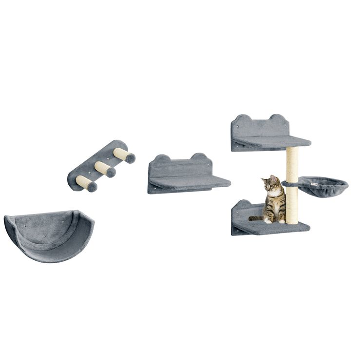 Gray Feline Activity Center: Cat Wall Shelves with Platforms & Hammock