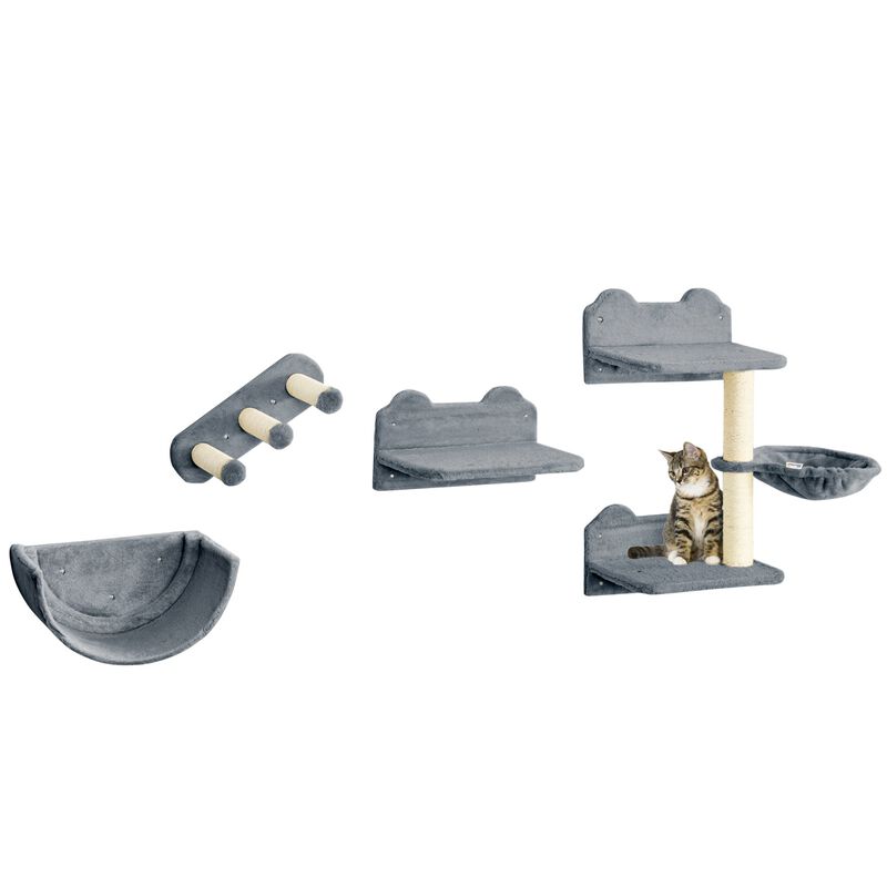 Gray Feline Activity Center: Cat Wall Shelves with Platforms & Hammock