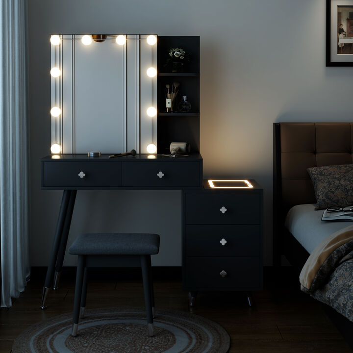 Vanity Mirror Cabinet with LED Lights, 5 Drawers & Storage Shelves