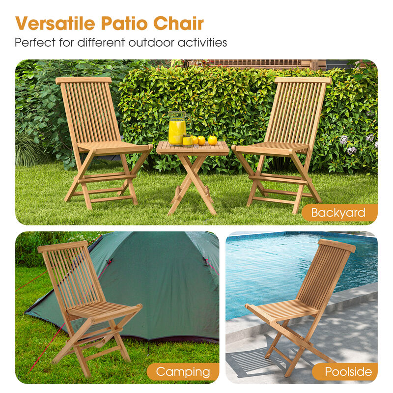 Set of 2 Teak Patio Folding Chairs with High Back and Slatted Seat