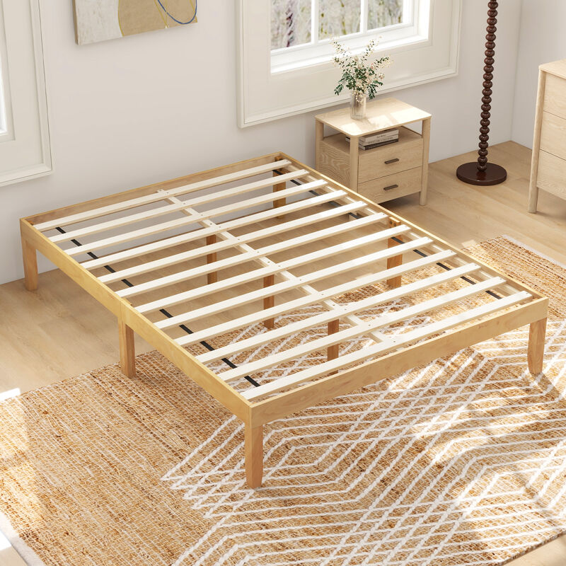 Wood Bed Frame with Wooden Slats Support and Rubber Wood Legs