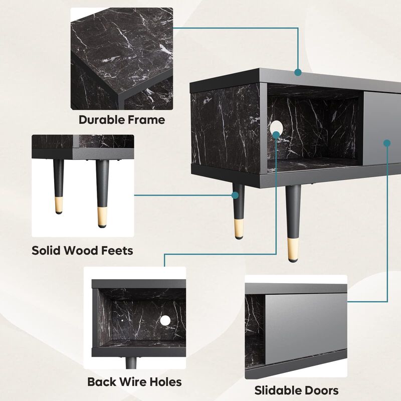 2 in 1 Long TV Cabinet for Living Room for 85 inch tv,Black Marble