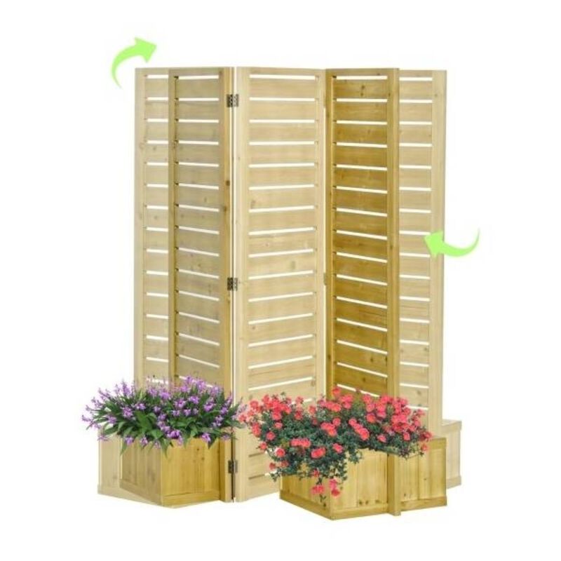 QuikFurn 3 Panel Fir Wood Outdoor Privacy Screen with 4 Garden Bed Planters