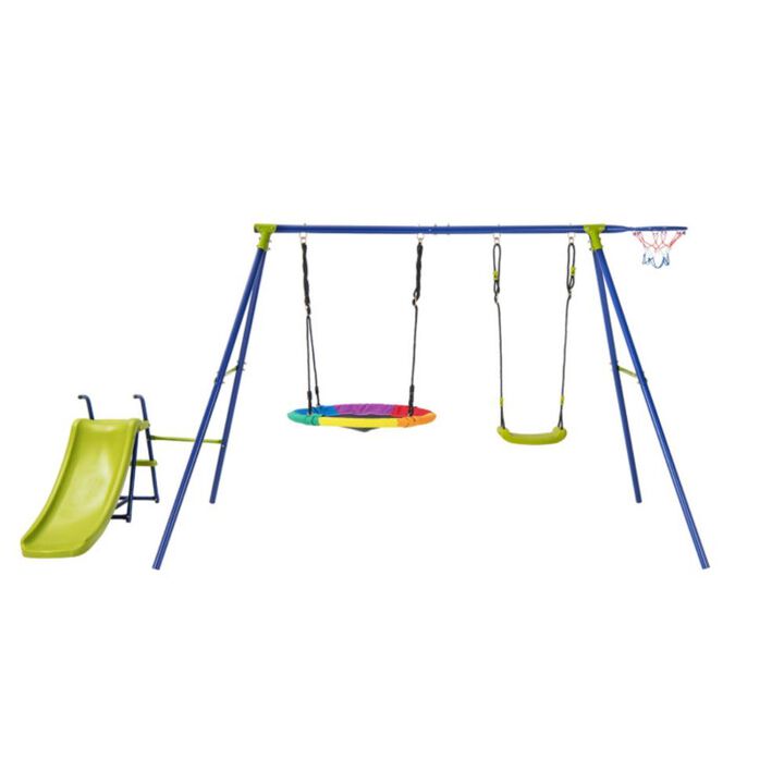 Hivvago 4-in-1 Heavy-Duty Metal Playset with Slide and Basketball Hoop