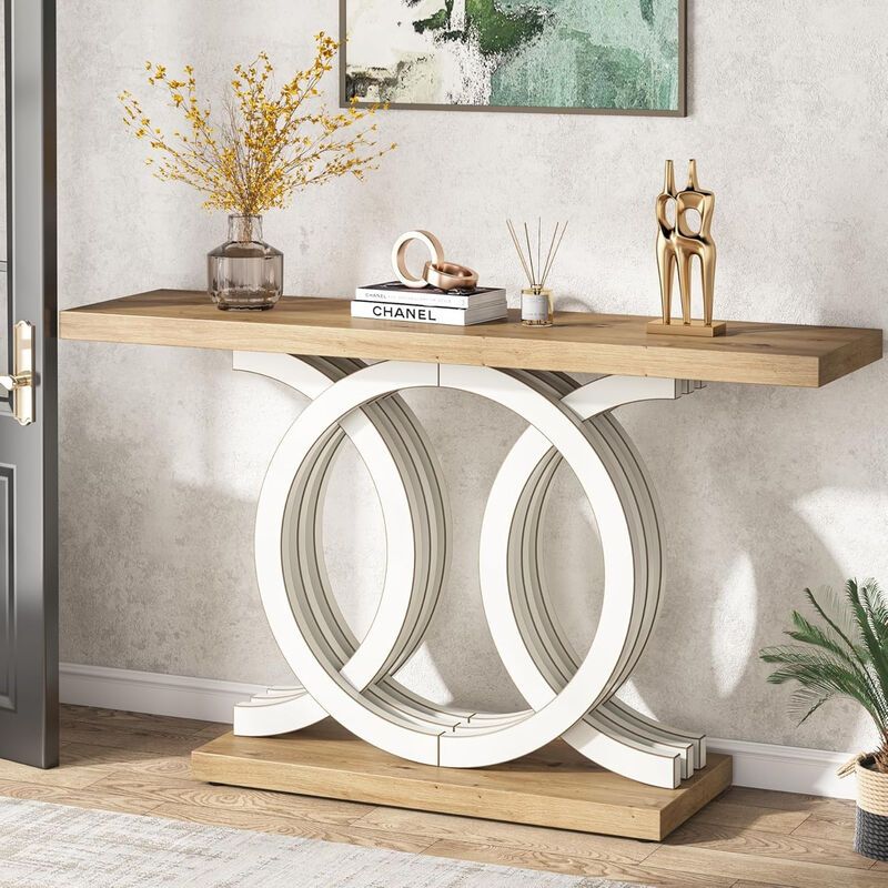 Console Table with Geometric Base, Modern Hallway Table, Wooden Entryway Table, Foyer Sofa Table, Unique Long Accent Table for Decoration, Deck Boxes