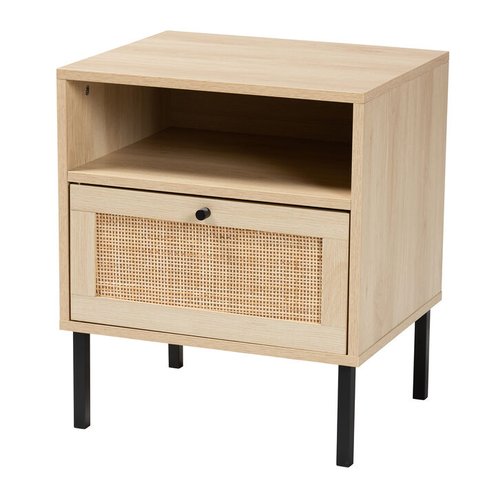 Baxton Studio Caterina Natural Brown Finished Wood and Natural Rattan 1 Door End Table