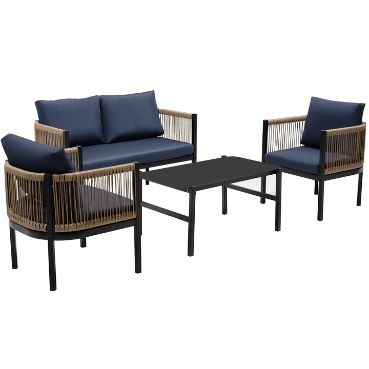 Mondawe Outdoor Garden Patio Sectional Modular Multi-person Sofa Set,W/ Rattan Sofa & Glass Table