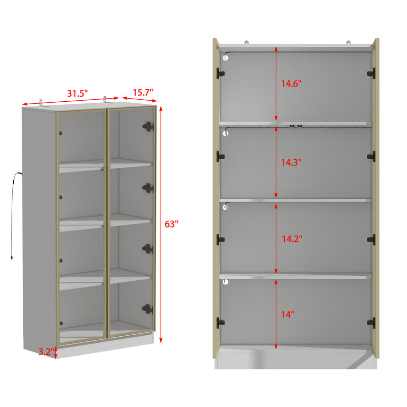 FUFU&GAGA 63 in. Tall White Wood 3-Shelf Bookcase Bookshelf With 3-Color LED Lights and Tempered Glass Doors,(31.5" W x 63" H x 15.7" D), White