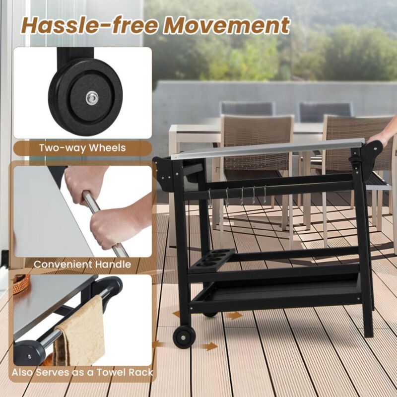 Hivvago Movable Outdoor Dining Cart Table HDPE Pizza Oven Stand Table with Stainless Steel Tabletop