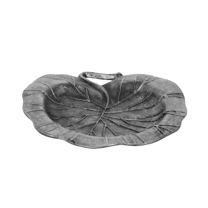 Decorative Leaf Plate, 12 Inch Textured Floral, Dark Gray Aluminium - Benzara