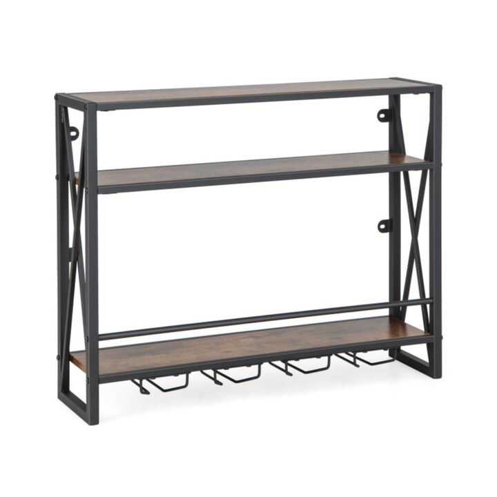 Hivvago 3-Tiers Industrial Wall Mounted Wine Rack with Glass Holder and Metal Frame