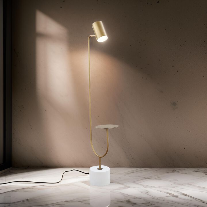 Ely Floor Lamp, White Round Base, Round Tabletop, Gold Metal Finish, Gray - Benzara